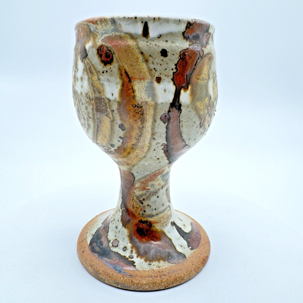 Studio Art Pottery Goblet Chalice Cup Textured Glazed Brown Gray Stoneware #3